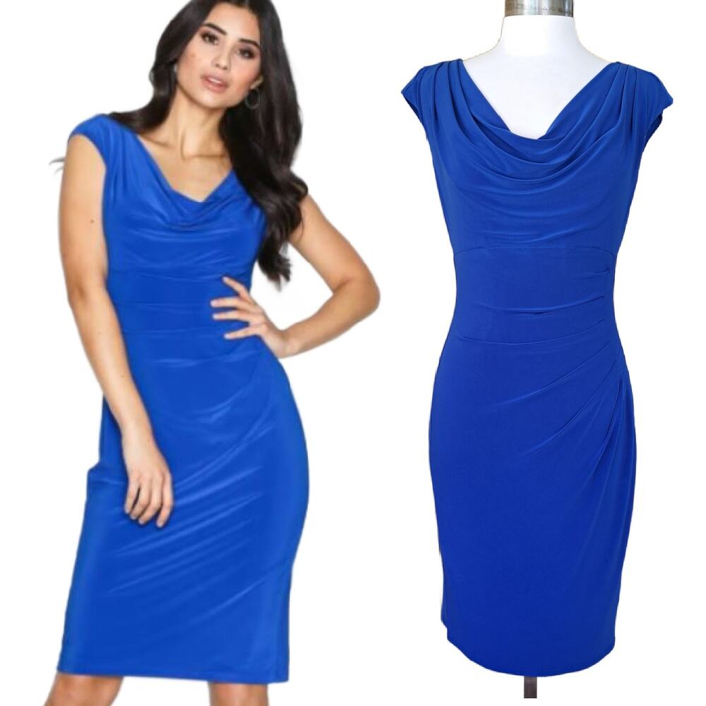 LAUREN Ralph Lauren Blue Cap Sleeve Cowl Neck Sheath Dress Size 4